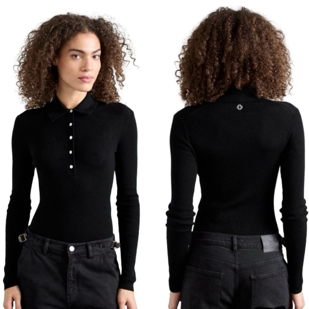 Maje Wool & Silk Polo Bodysuit Size 3 US Large Black Ribbed Fitted Quiet Luxury